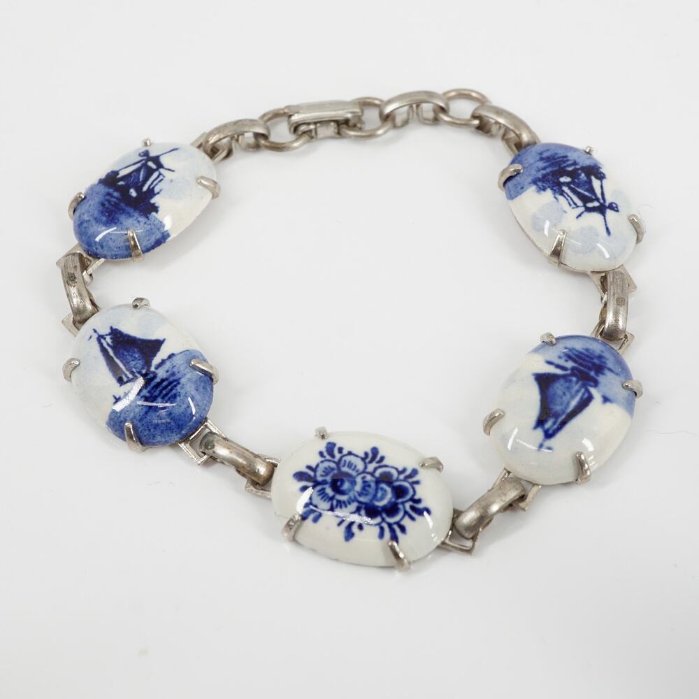 Vintage Delft Blue Porcelain Link Bracelet Blue White Windmill Floral 6.5 Dutch